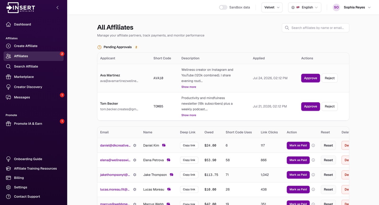 Affiliates list showing two applicants waiting for approval and a table of affiliates with the amount owed, short code uses and link clicks for each